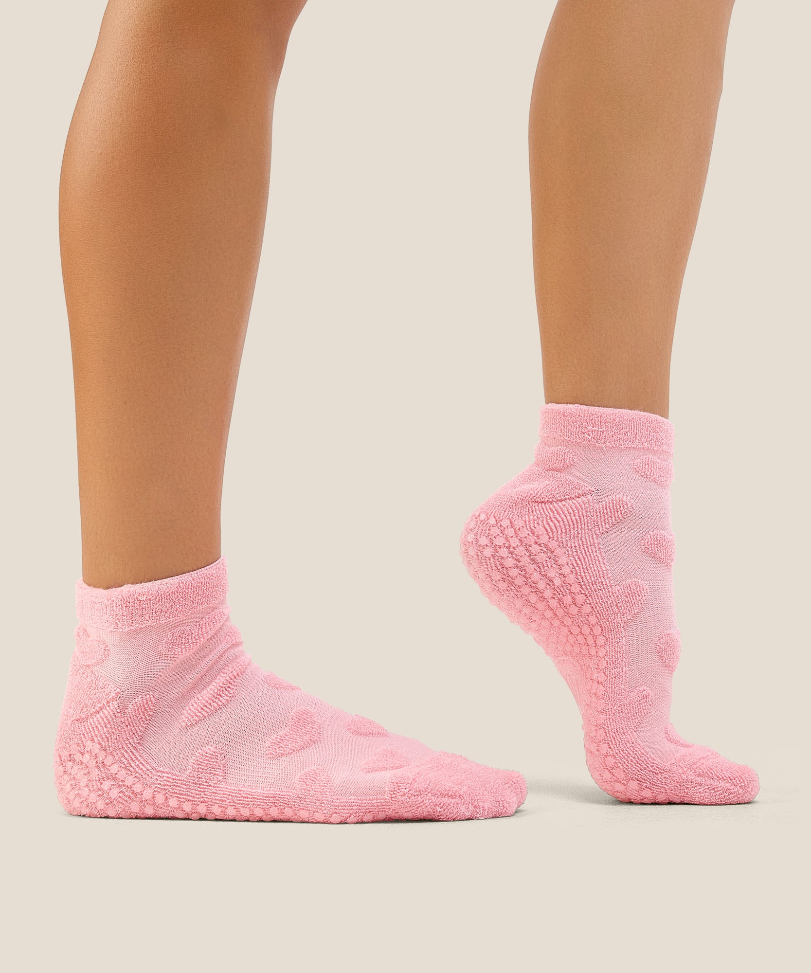 Low Rise Grip Socks - Terry Heart Pink