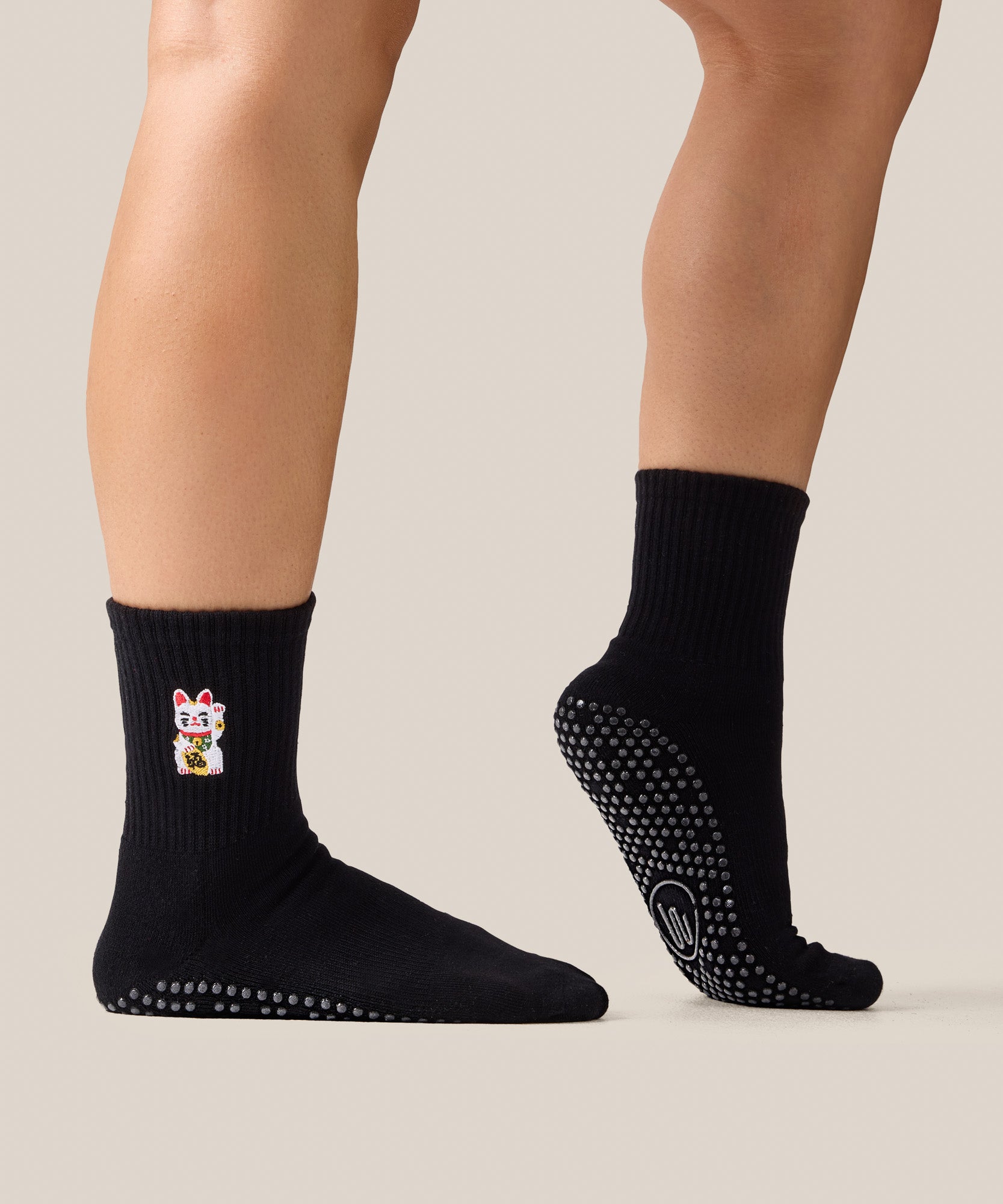 Crew Non Slip Grip Socks - Fortune Kitty Black