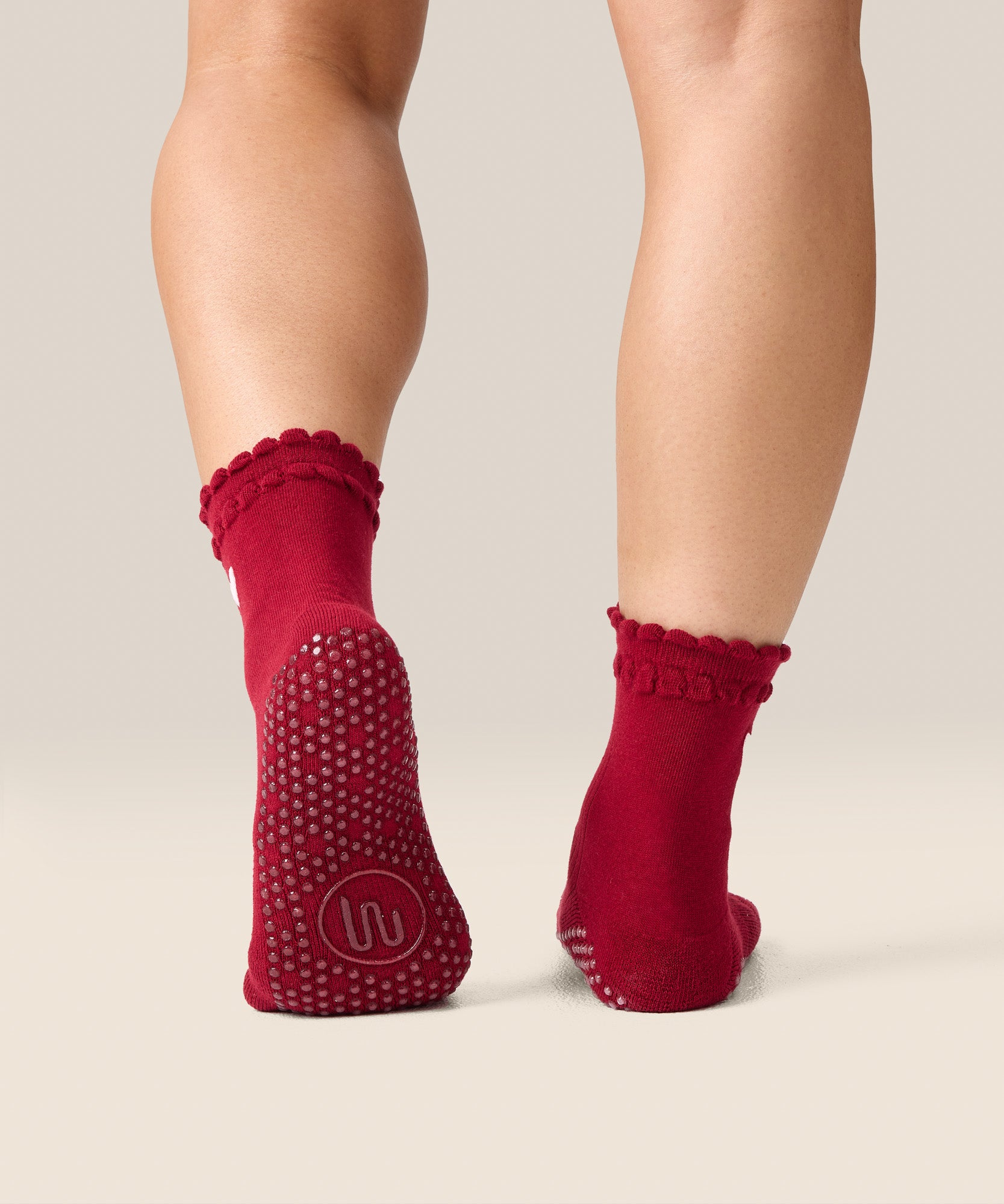 Crew Non Slip Grip Socks - Heart Ruffle Burgundy