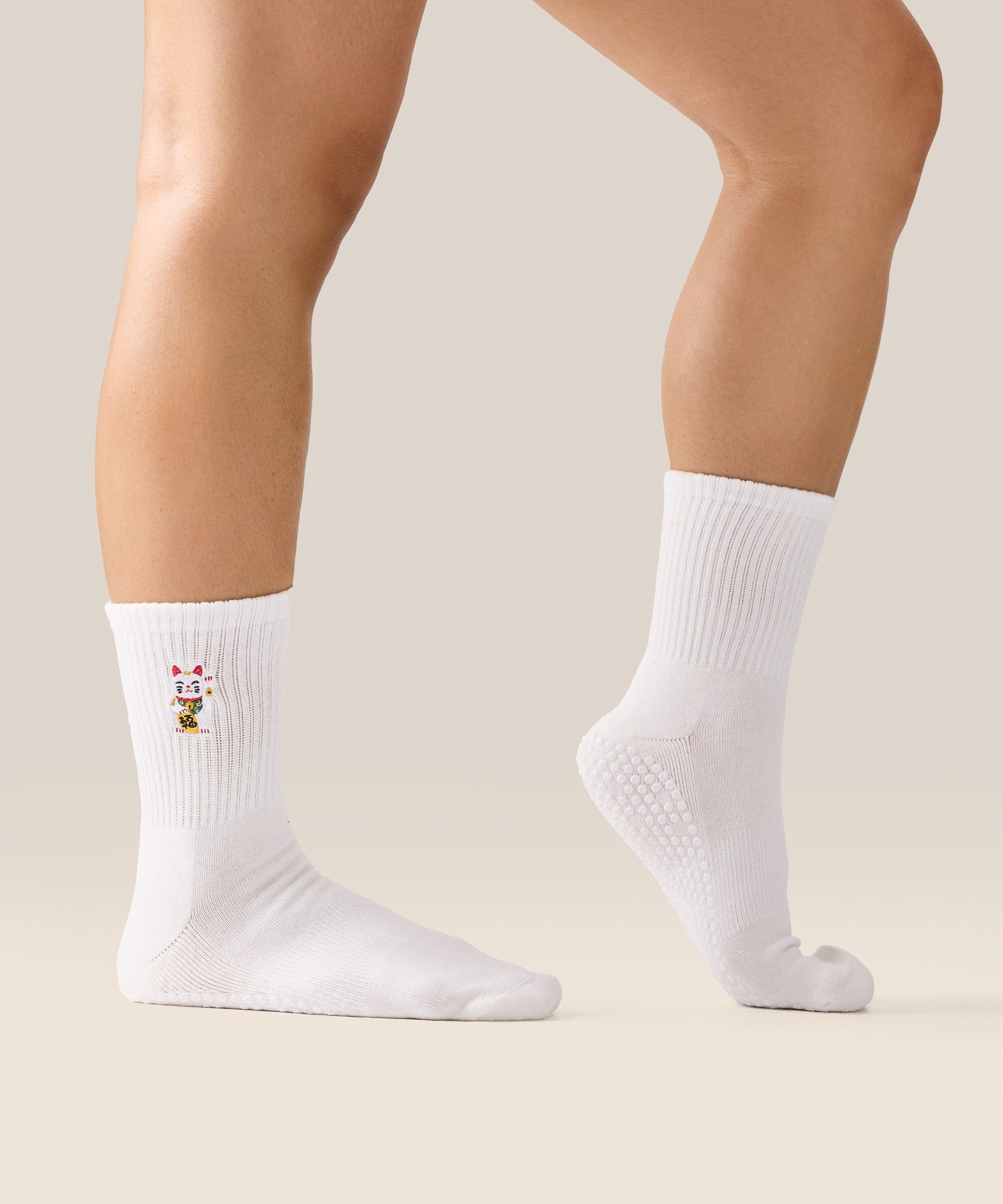 Crew Non Slip Grip Socks - Fortune Kitty Ivory