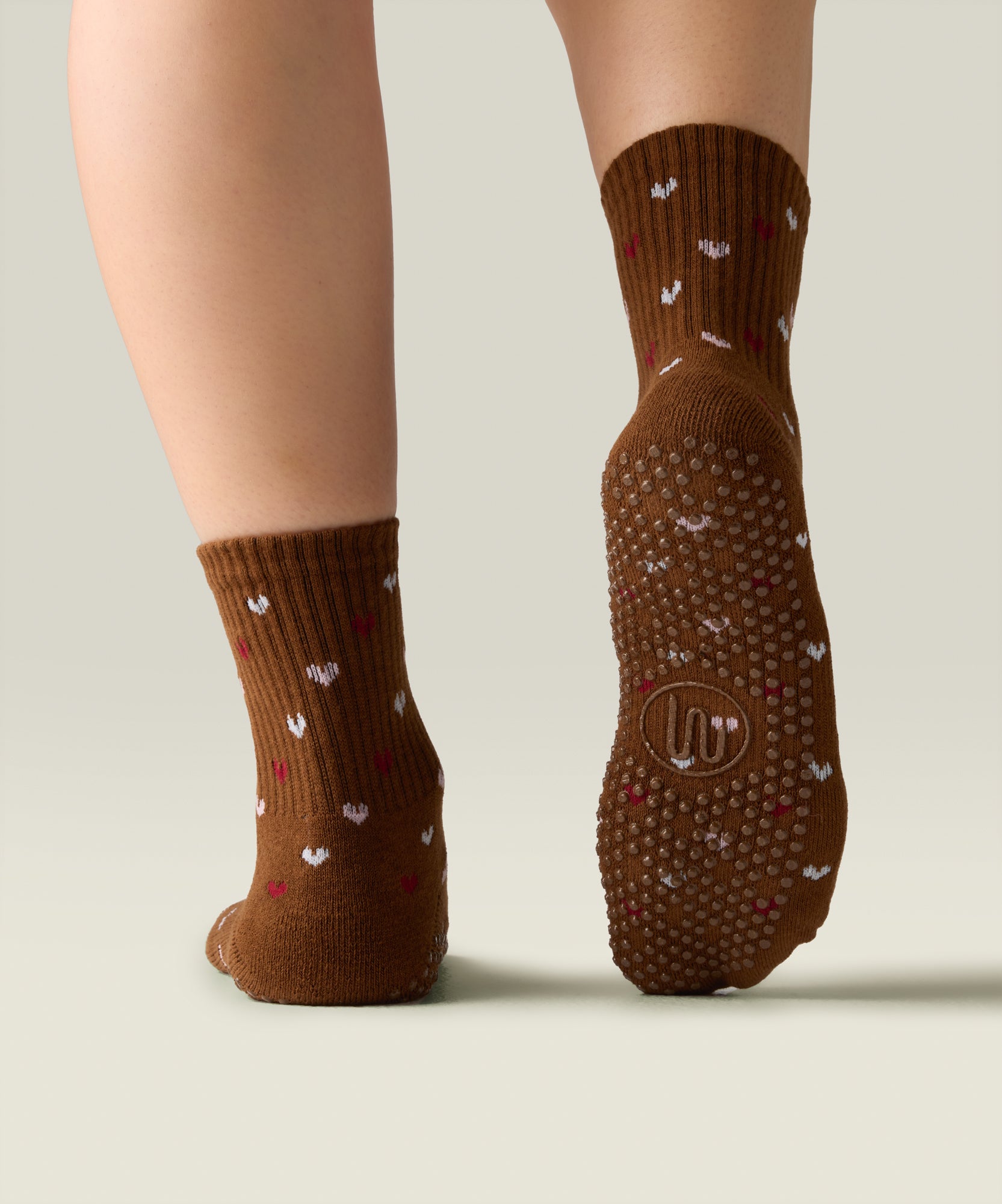 Crew Non Slip Grip Socks - Hearts Brown