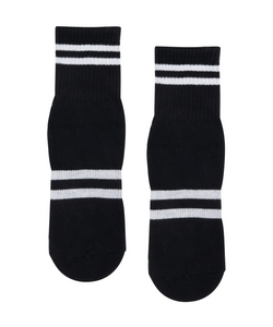 Crew Non Slip Grip Socks with Ribbed Sporty Stripe in Black