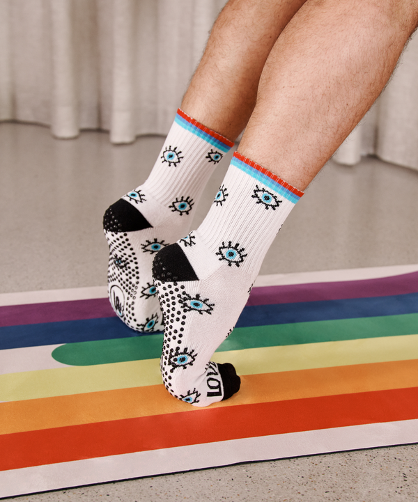 Colorful Crew Non Slip Grip Socks featuring Love & Peace pattern for secure footing