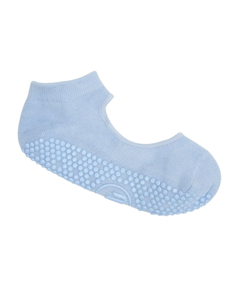 Non-slip powder blue grip socks with comfortable slide-on design