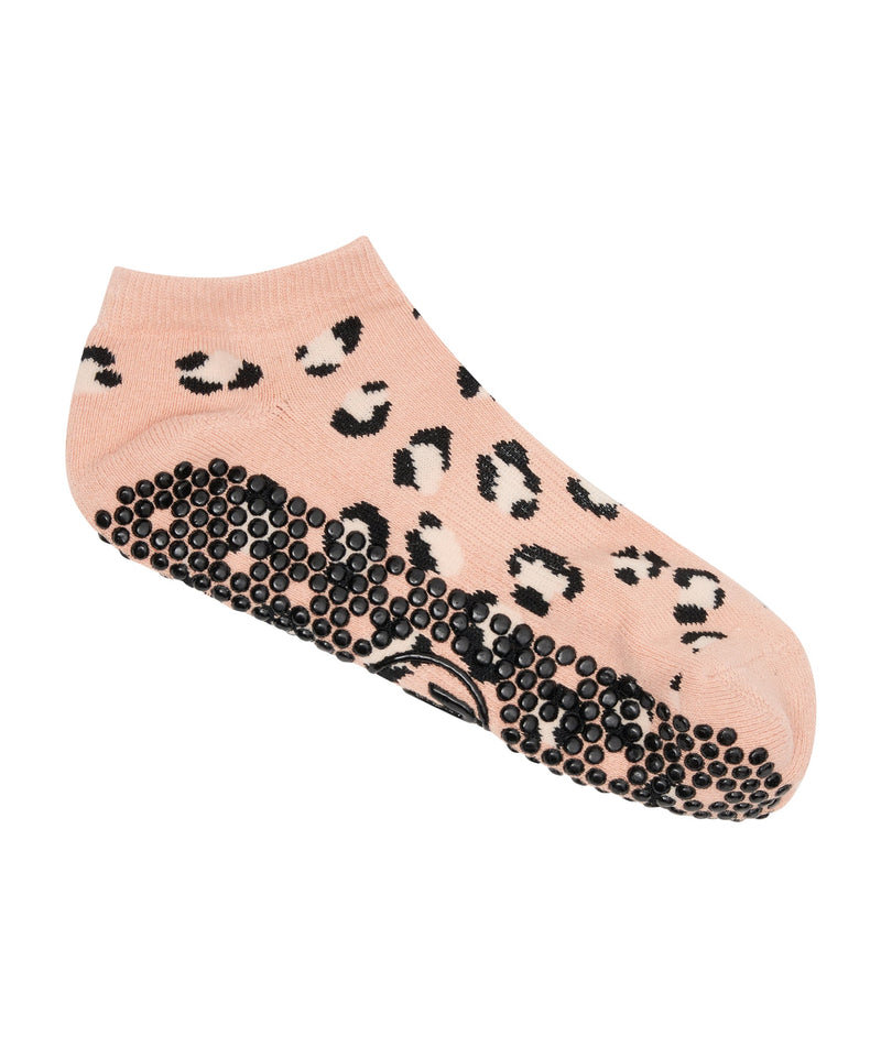 Classic Low Rise Grip Socks in Peach Cheetah design for stylish workouts