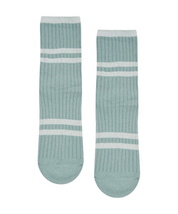 Lightweight crew non slip grip socks in mineral green with metallic ribbed stripes