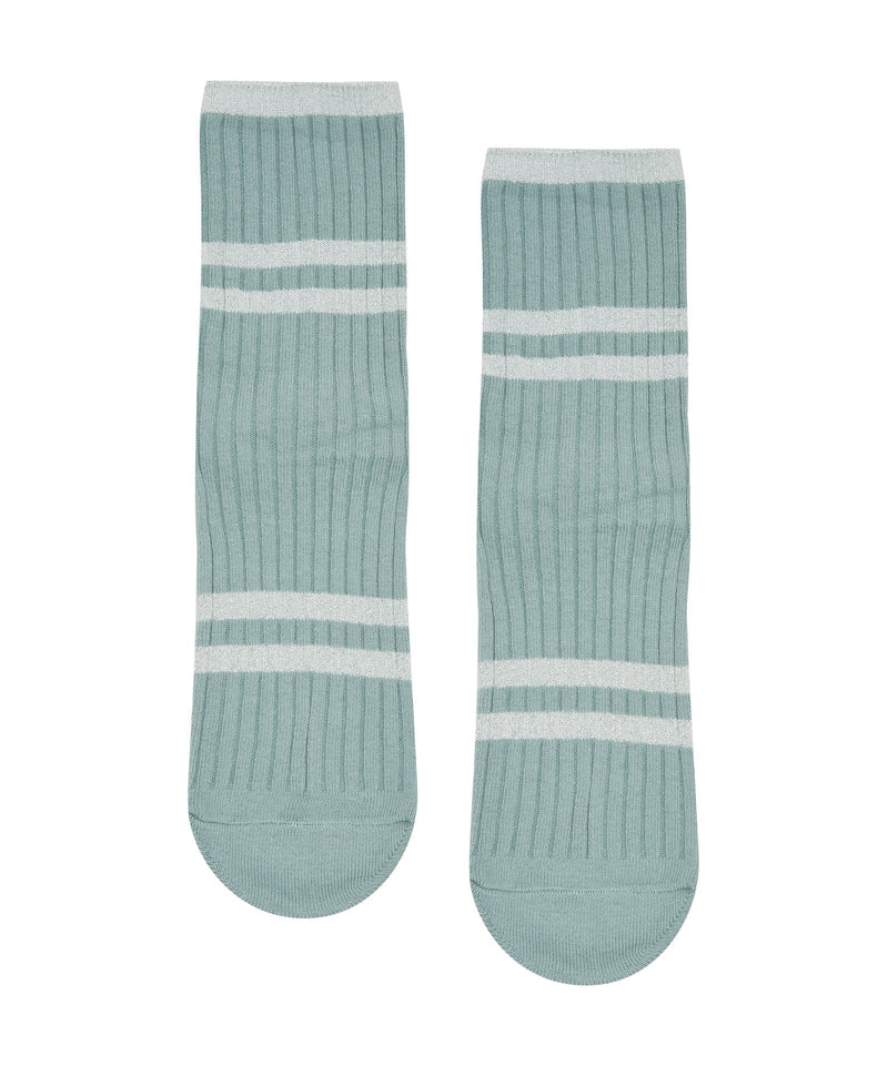 Lightweight crew non slip grip socks in mineral green with metallic ribbed stripes