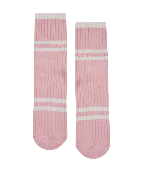 Lightweight crew non slip grip socks in dusty rose with metallic ribbed stripes