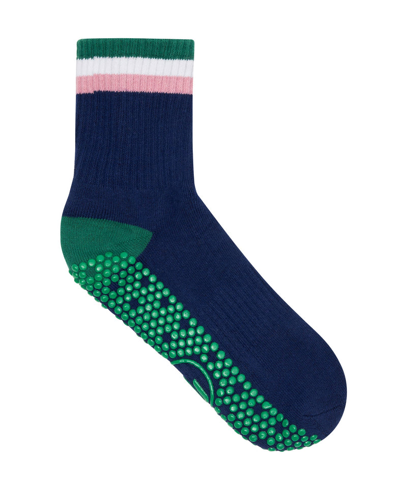 Navy blue crew socks with non-slip technology for secure footing