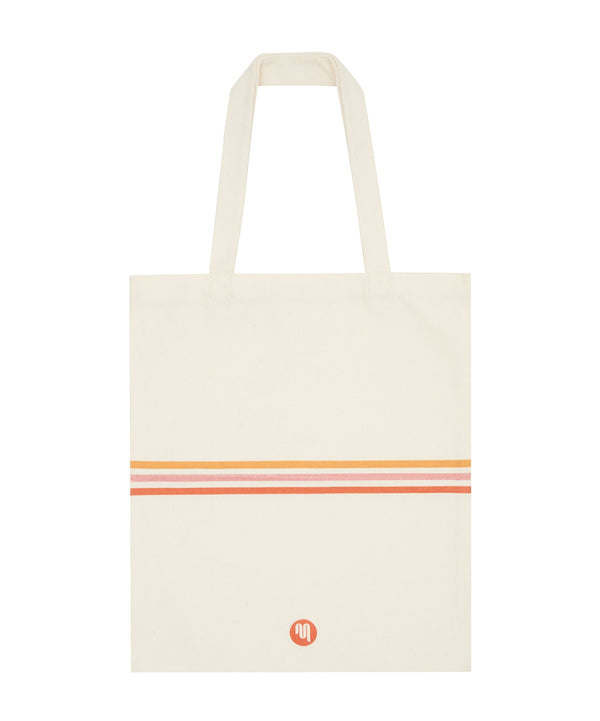 Colorful 70s-inspired striped tote bag with spacious interior and durable straps