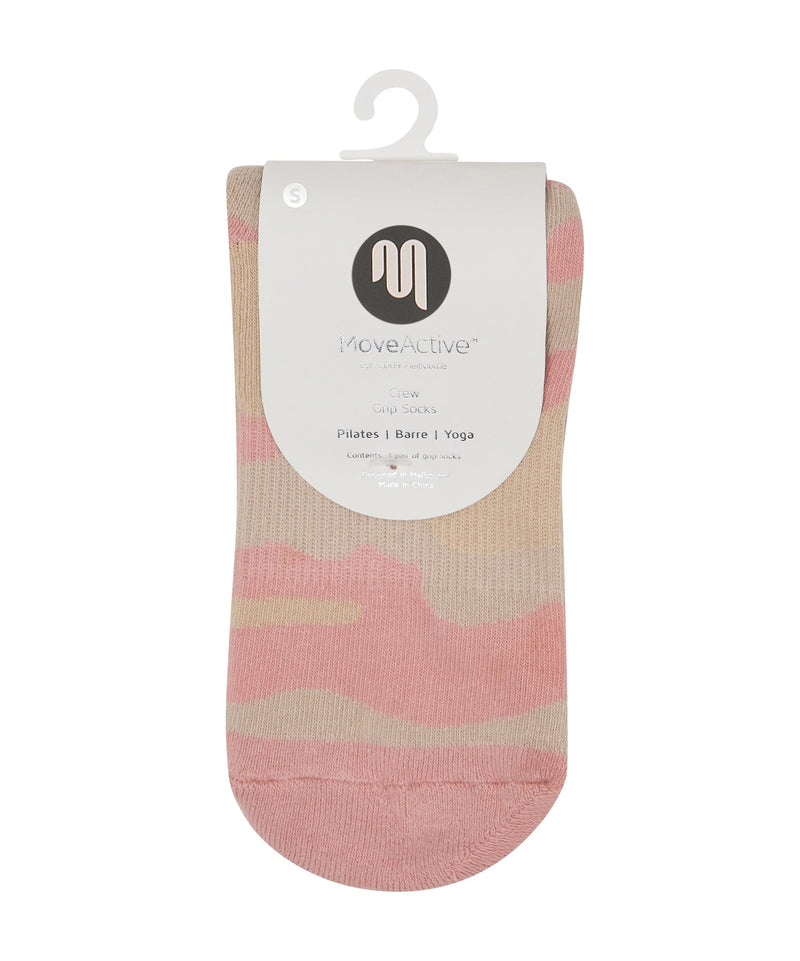 Fashionable and functional pink camo crew socks with non-slip grip feature