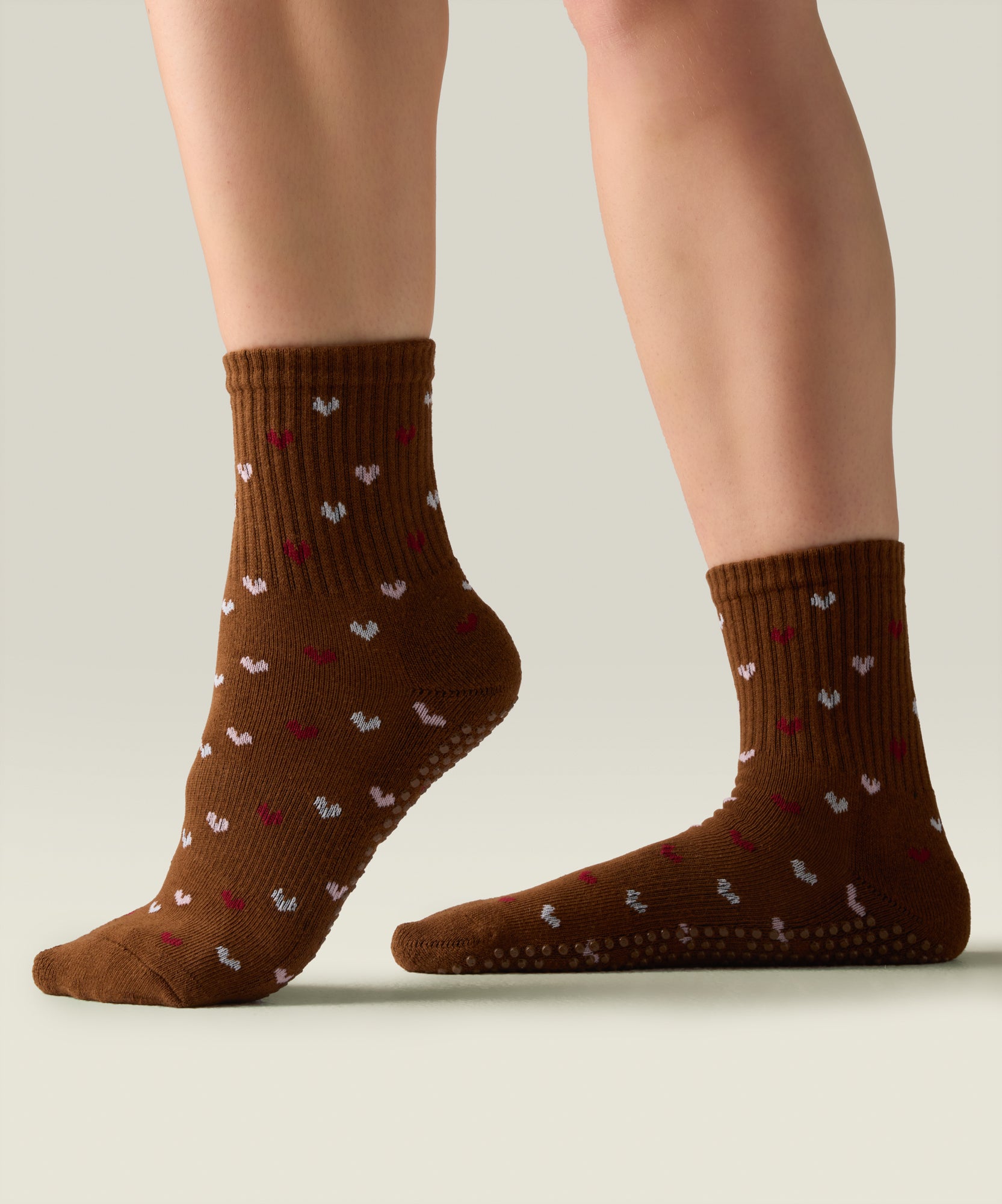 Crew Non Slip Grip Socks - Hearts Brown