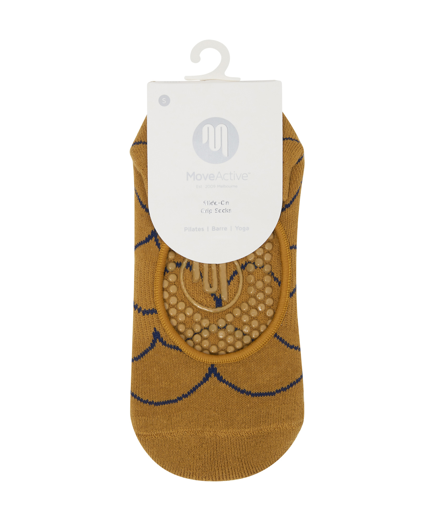 Pair of mustard yellow non-slip grip socks with scallop design